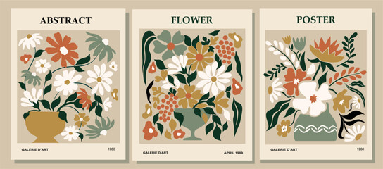 Wall Mural - Set of abstract Flower Market retro posters. Trendy botanical wall arts with floral design in sage green colors. Modern naive groovy funky interior decorations, paintings. Vector art illustration.