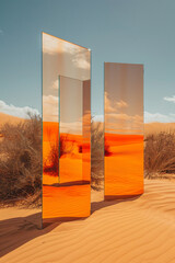 ad photography of an orange cdin the desert, 3 big rectangular mirrors, in the style of light orange and blue, fantasy landscape, minimalistic, playful installations, sharp forms 