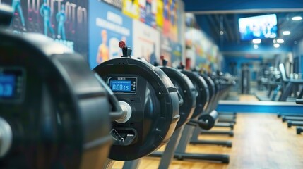 Wall Mural - A row of rowing machines in a gym, with digital displays showing distance and calories burned, set against a backdrop of motivational posters.