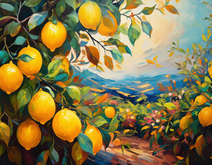 Wall Mural - An artistic painting featuring lemons on a tree with colorful leaves againts nature background 