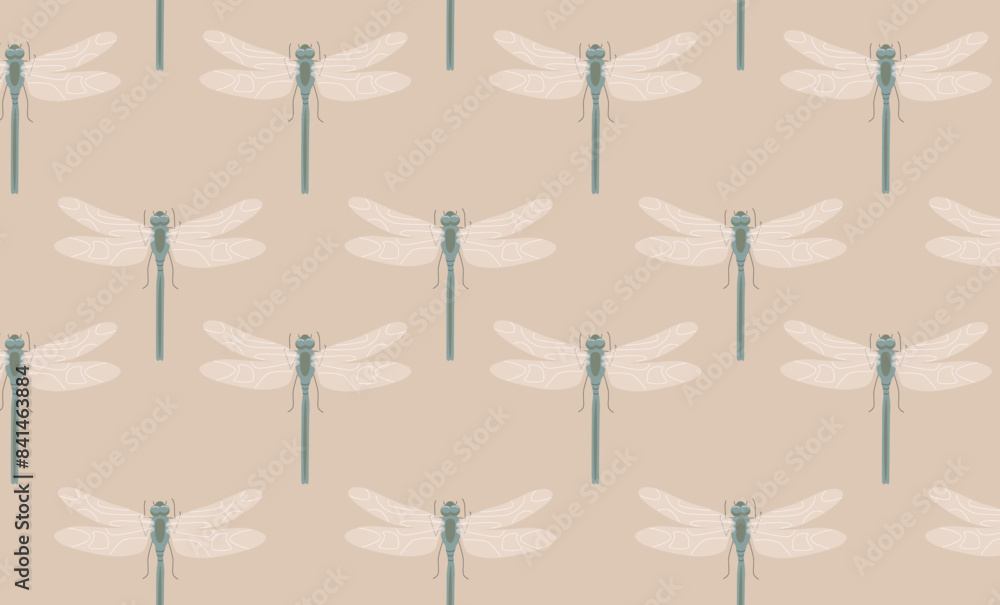 Seamless pattern with white dragonflies on a beige background. Nature ...