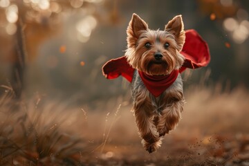 Yorkshire Terrier dog wearing a red cape, flying happily in a running pose. Its two ears are raised up as it soars through the blue sky. Fluffy clouds dot the background.