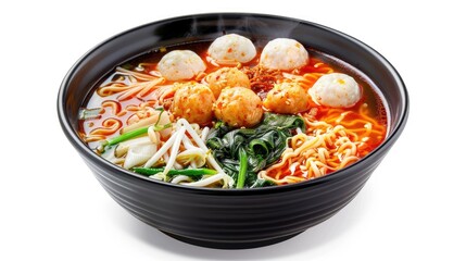 Wall Mural - Asian Noodle Soup with Assorted Fish Balls on White Background