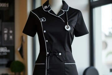 Close-up of a stylish nurse uniform with a stethoscope on a mannequin, showcasing professional attire