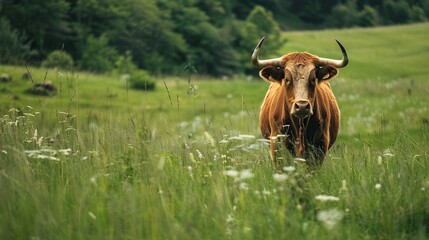 Poster - Bull in the green field . Generative Ai