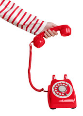 Wall Mural - Woman answering a retro red telephone design element