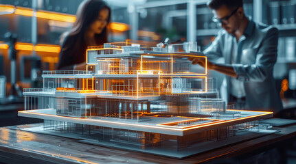 Poster - Architects and engineers collaborating around a holographic building model, featuring diverse software interfaces and data exchange, highlighting the seamless integration. Generative AI.