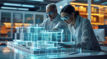 Aufkleber - Architects and engineers collaborating around a holographic building model, featuring diverse software interfaces and data exchange, highlighting the seamless integration. Generative AI.