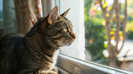 Wall Mural - cat looking out the window at home. Generative Ai