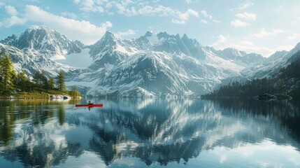 Wall Mural - A serene mountain lake reflecting the snowy peaks surrounding it, with a lone canoe gliding across the water. 8k, full ultra HD, high resolution, cinematic photography