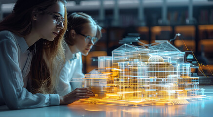 Aufkleber - Architects and engineers collaborating around a holographic building model, featuring diverse software interfaces and data exchange, highlighting the seamless integration. Generative AI.