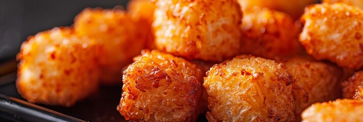 A tater tots close up, food design, dynamic, dramatic compositions, with copy space.