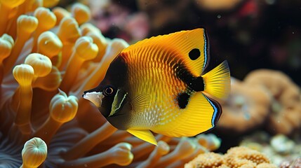 Wall Mural - Chaetodon fasciatus or Butterfly fish in the expanses of the coral reef. Generative Ai