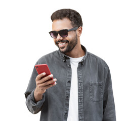 Wall Mural - Young handsome man using smartphone isolated transparent PNG. Smiling student men looking at mobile phone isolated portrait. Modern lifestyle, connection, business concept