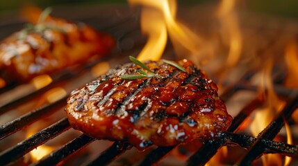 Wall Mural - A close-up of a tender chicken steak marinated in a tangy barbecue sauce, grilling on an outdoor barbecue grill, with flames licking the edges