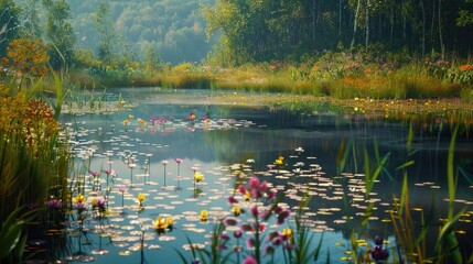 Wall Mural - A serene pond with lily pads floating on the surface, surrounded by tall grasses and colorful flowers. 8k, full ultra HD, high resolution, cinematic photography