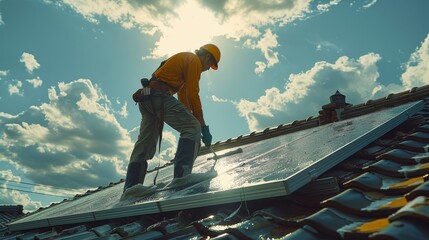 Poster - Man in uniform cleaning the gutter and the solar panel. Generative AI.