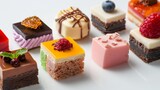 A row of assorted desserts, including cakes and pastries