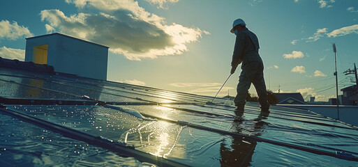 Poster - Man in uniform cleaning the gutter and the solar panel. Generative AI.