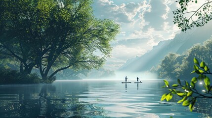 Wall Mural - A serene stand-up paddleboarding scene, where paddlers glide through calm waters, surrounded by the beauty of nature.