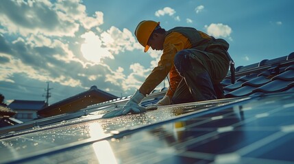 Poster - Man in uniform cleaning the gutter and the solar panel. Generative AI.