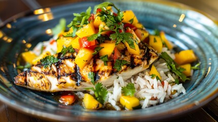 Poster - A colorful plate featuring a grilled fish steak topped with tropical salsa made from mango, pineapple, and cilantro, served with coconut rice