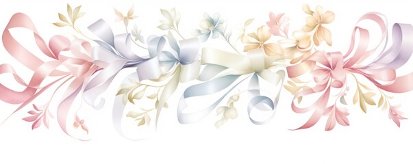 ribbon background vintage illustration watercolor style pattern, soft colors, white background, thin satin ribbons