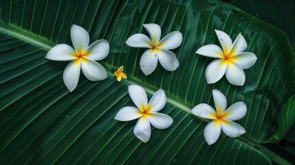 Poster - Flowers seen from above on a background of banana leaf