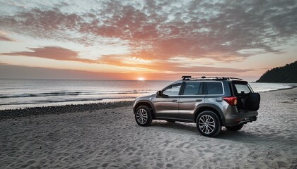 Wall Mural - Sunset Bliss: Luxury SUV Parked on the Beach for the Ultimate Summer Vacation