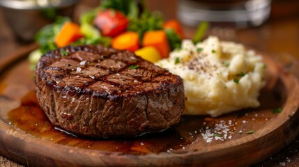 Wall Mural - A juicy and tender steak cooked to perfection, served with a side of garlic mashed potatoes vegetables, representing the epitome of American steakhouse dining