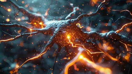 Poster - Microscopic view of a neuron cell with glowing synapses. Generative AI.