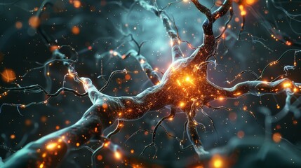 Poster - Microscopic view of a neuron cell with glowing synapses. Generative AI.