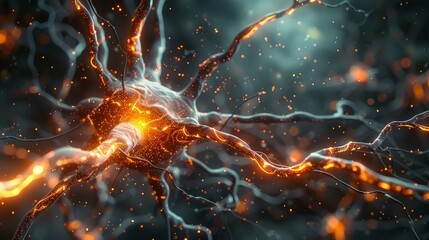 Poster - Microscopic view of a neuron cell with glowing synapses. Generative AI.
