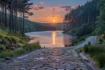 Canvas Print - a path leads to a lake with a sunset in the background
