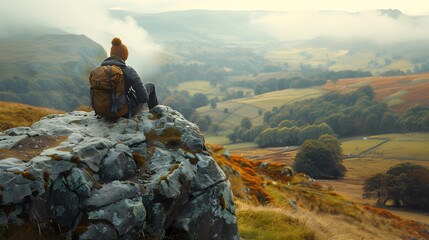 Wall Mural - Lone Hiker Resting on Rocky Outcrop Overlooking Tranquil Valley Landscape