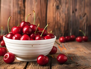 Wall Mural - A Bowl of Vibrant Red Cherries on a Rustic Wooden Table Showcasing the Fruit s Ripeness and Freshness