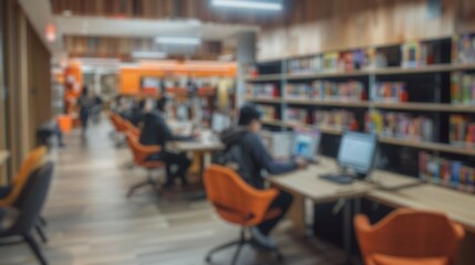 Blur background of diverse student sitting at modern library while studying together. Children working and talking about homework while learning and looking at data surrounded with people. Spate.