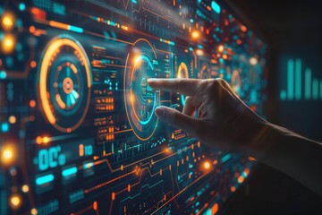 a man is touching a computer virtual screen with his finger