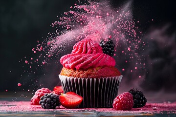 Poster - Food photography, powerful explosion of pink powdered sugar on a red velvet cupcake with blackberries