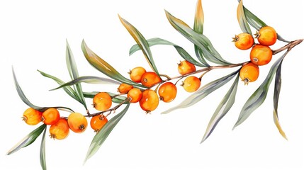 Wall Mural - Sea ​​buckthorn branch in watercolor style on a white background