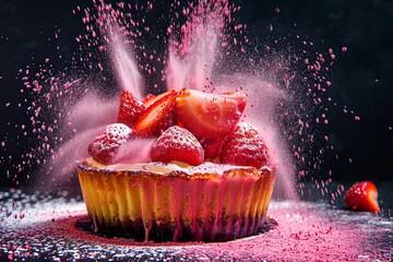 Canvas Print - Food photography, powerful explosion of pink powdered sugar on a crÃ¨me brÃ»lÃ©e with fresh strawberries