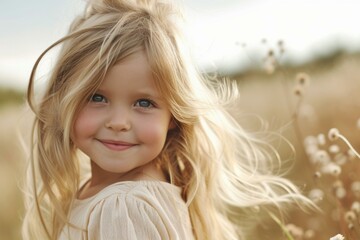 Wall Mural - Portrait of a cheerful young girl with flowing hair, enjoying a sunny day amidst nature