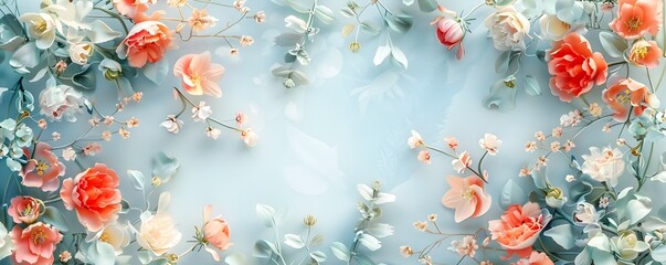Wall Mural - delicate pastel floral wreath frame with romantic whimsical design on light background