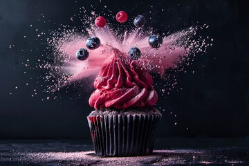 Poster - Food photography, powerful explosion of pink powdered sugar on a red velvet cupcake with blueberries