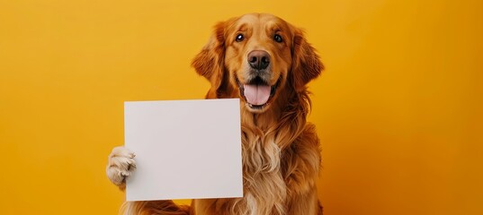 Wall Mural - Golden Retriever holding empty white sign in front of yellow studio background