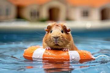 Wall Mural - Guinea pig sits on life preserver in water, houses in water