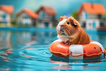 Wall Mural - Guinea pig sits on life preserver in water, houses in water