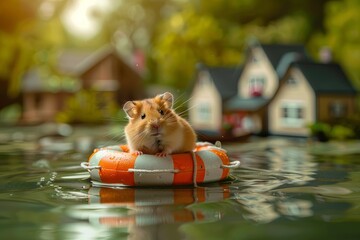 Wall Mural - Hamster sits on life preserver in water, houses in water