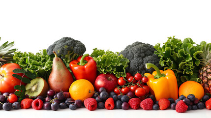 Lower border of fruits and vegetables on white background