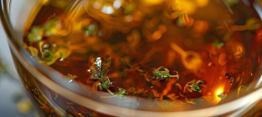 Poster - Herbal Tea: A detailed shot of an herbal tea, focusing on the floating herbs and the warm